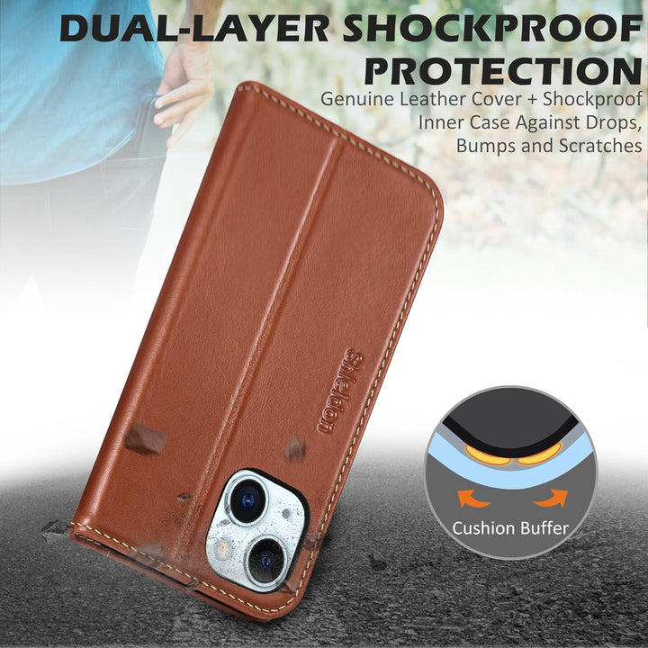 SHIELDON Hülle für iPhone 15, Lederhülle [Echtleder] [RFID Blocker] [Kartenfach] [Magnet] TPU Stossf