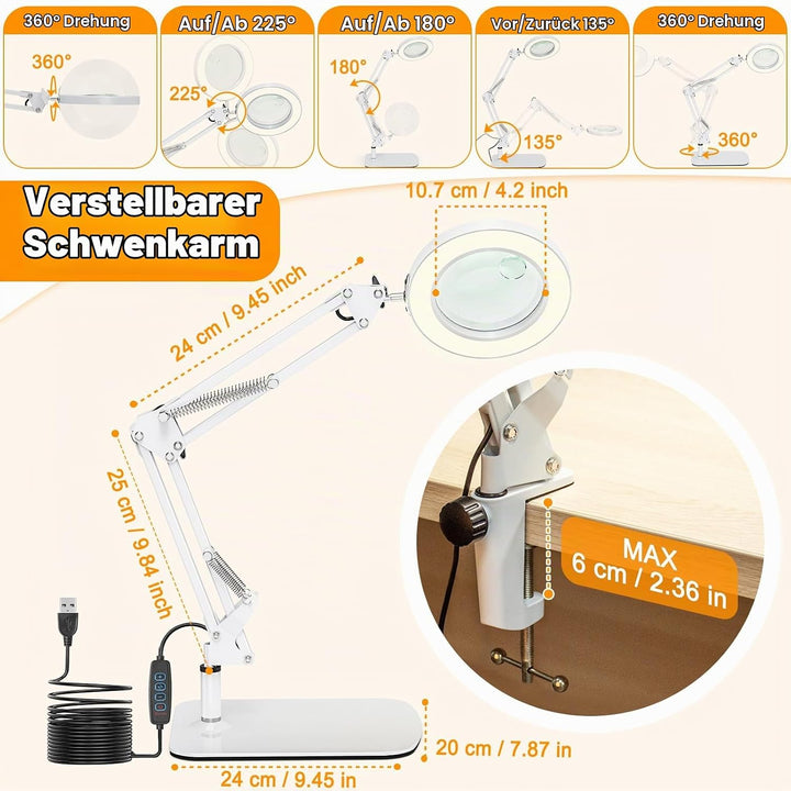 2-in-1 Lupe mit Licht und Ständer, Jubor 15X 10X LED Lupenleuchte mit Klemme und Basis, Schreibtisch