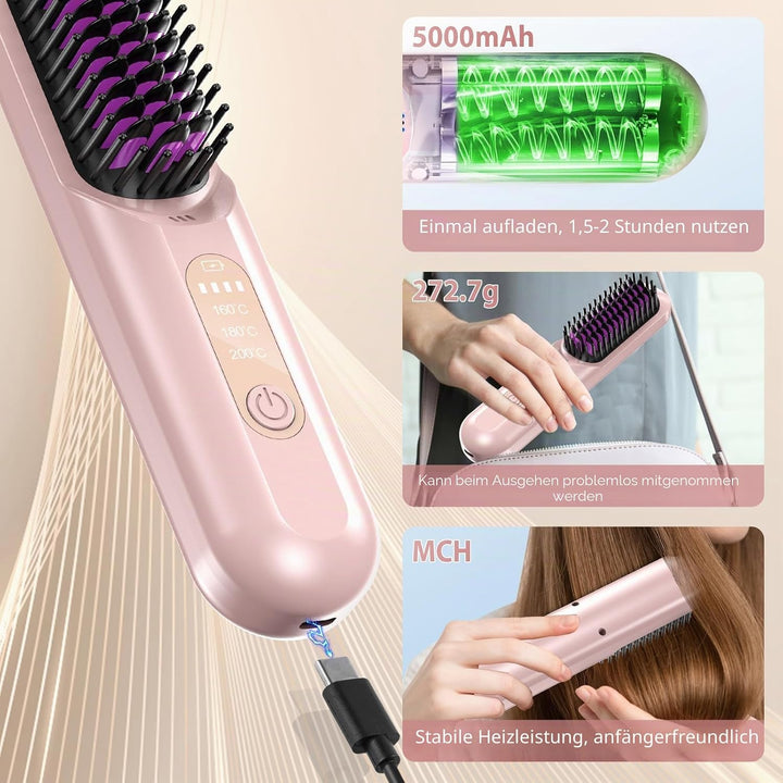 Anluomania Haarglätter Bürste, Kabellose Glättbürste, Glättungskamm 5000mAh, Tragbare Glättungsbürst