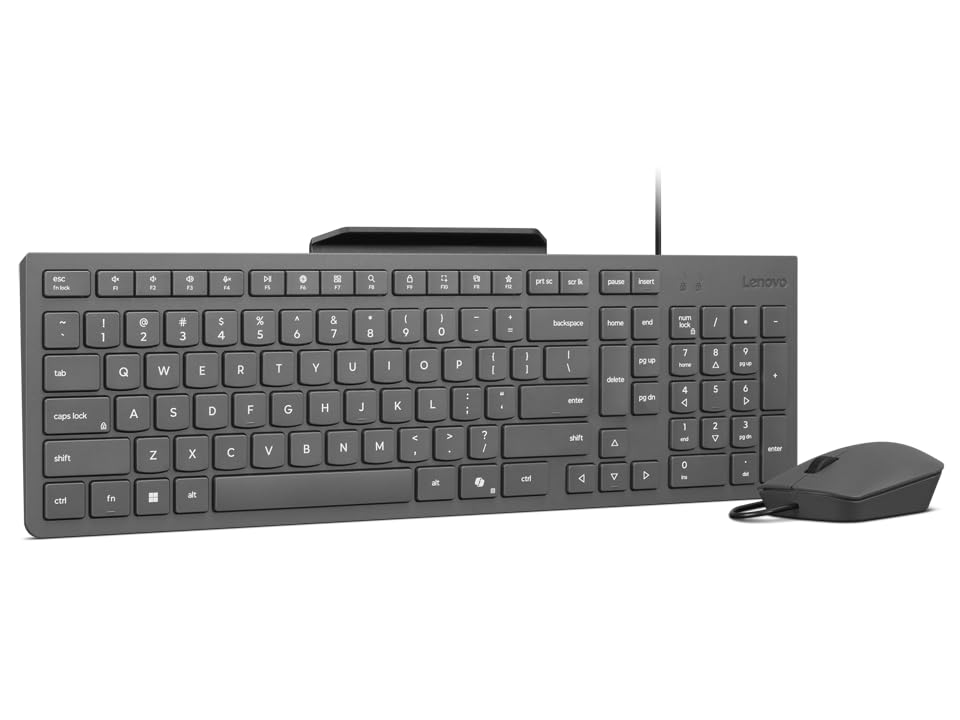 Lenovo 310 USB-A Combo Tastatur und Maus mit Kabel (Roter optischer Sensor, 2000 DPI, 3 Tasten, Scro