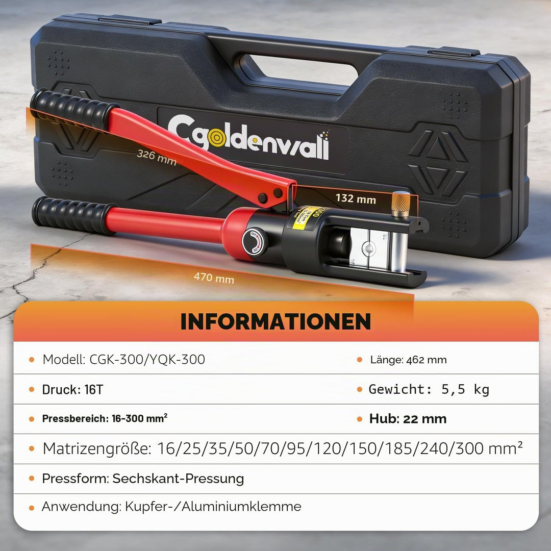 CGOLDENWALL 13T Hydraulische Crimpzange Kabelschuhe Crimpezange mit 11 Sätzen der Crimpformen 16-300