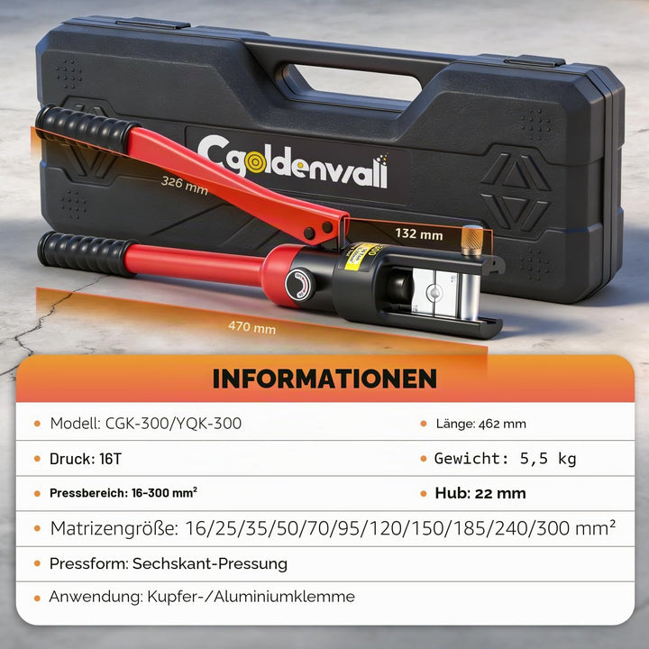 CGOLDENWALL 13T Hydraulische Crimpzange Kabelschuhe Crimpezange mit 11 Sätzen der Crimpformen 16-300