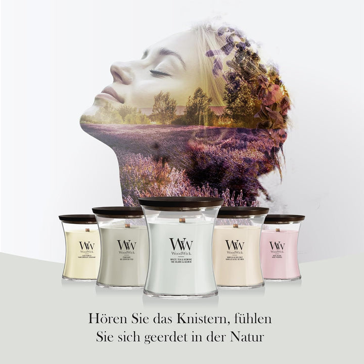 Grosse WoodWick Duftkerze im Sanduhrglas mit knisterndem Docht, White Tea & Jasmine, bis zu 130 Stun