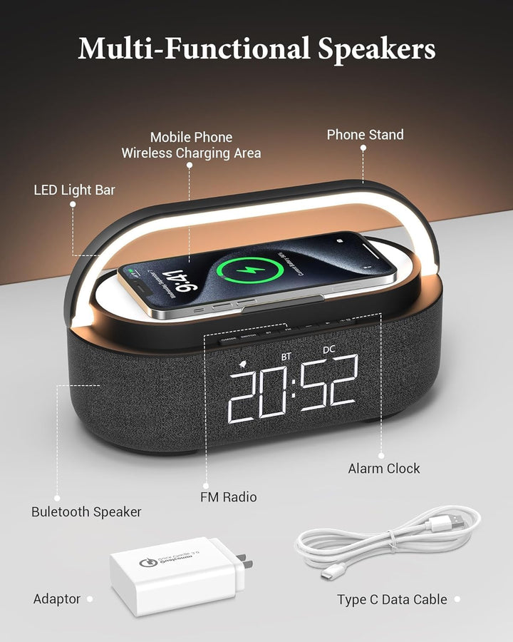 COLSUR Radiowecker Digital mit Wireless Charger, Bluetooth Lautsprecher mit USB-Ladegerät, Smart Wec
