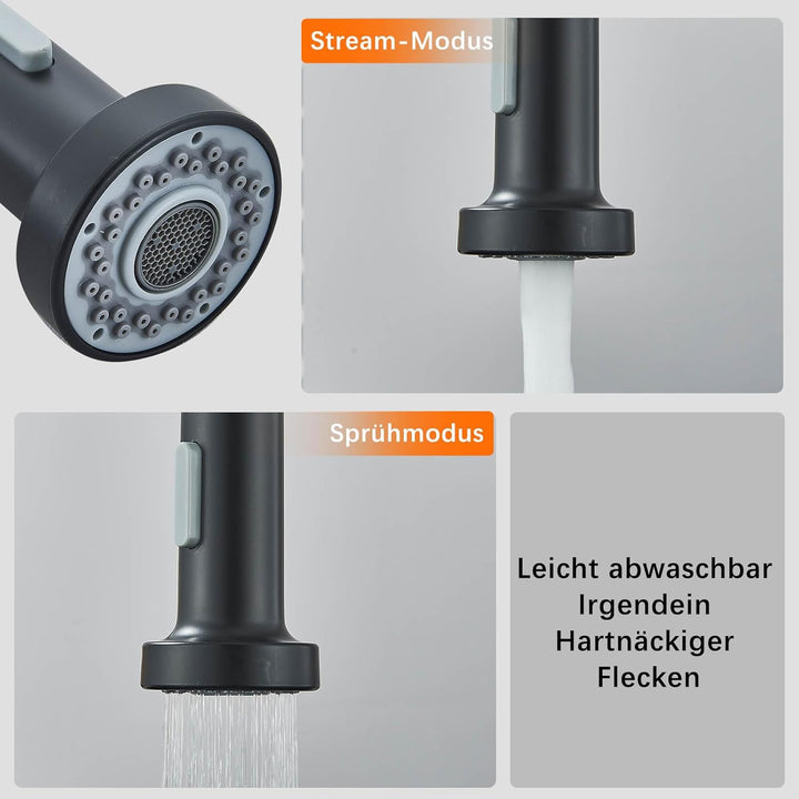 Schwarz Wasserhahn Küchenarmatur Hochdruck mit Herunterziehen Brause Mischbatterie Küche mit 2 Strah