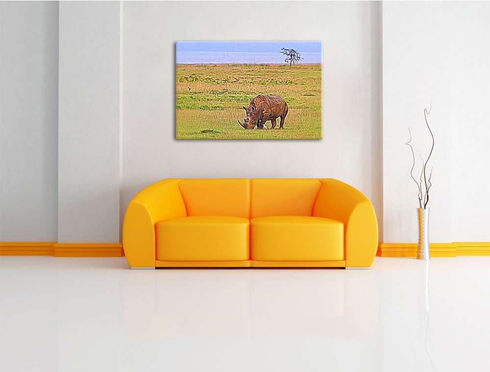 grosses Nashorn beim Fressen Spezial Format: 100x70 cm auf Leinwand, XXL riesige Bilder fertig gerah