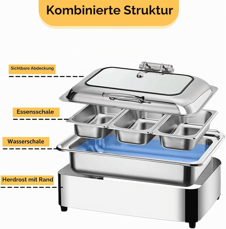 Chafing Dish Elektrisch, 9L Edelstahl Speisewärmer Buffetwärmer mit Sichtbarem Glasdeckel, Kommerzie