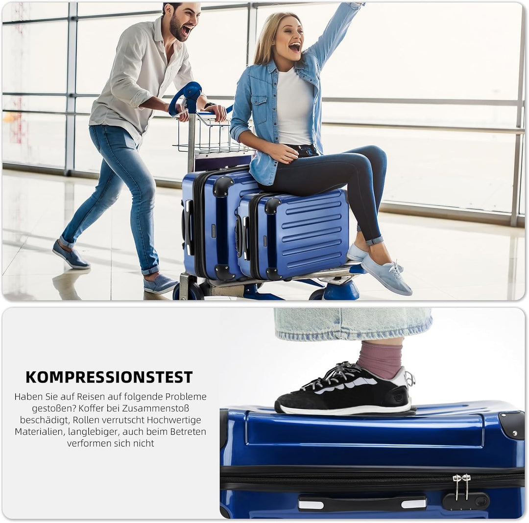 BEIBYE Hartschalen Koffer Trolley Rollkoffer Reisekoffer 4 Zwillingsrollen Polycabonat (Blau, Handge