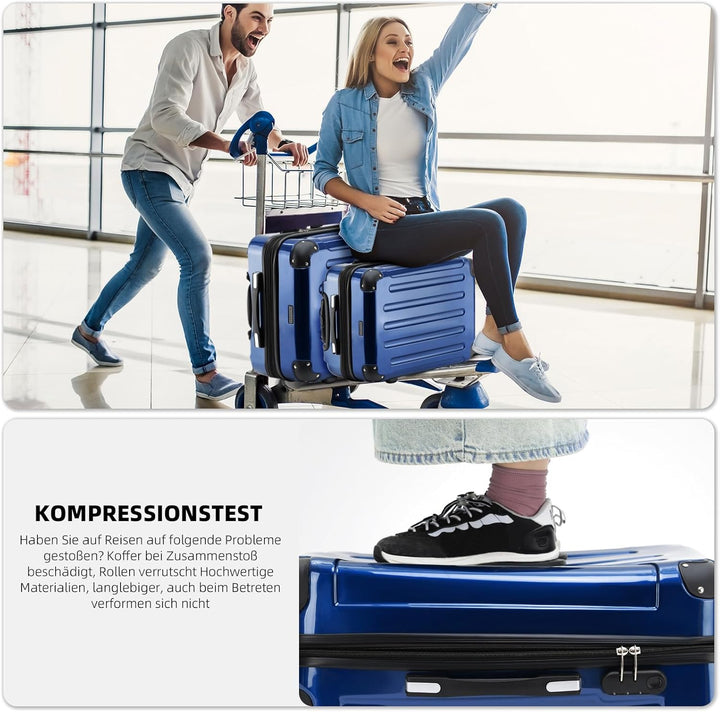 BEIBYE Hartschalen Koffer Trolley Rollkoffer Reisekoffer 4 Zwillingsrollen Polycabonat (Blau, Handge