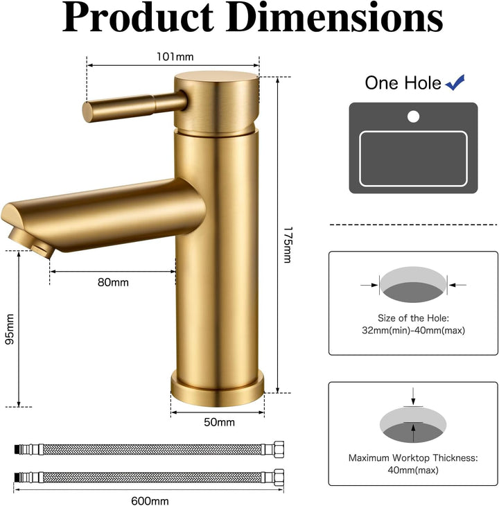 kisimixer Wasserhahn Bad, Einhebel-Waschtischarmatur 304 Edelstahl, Einloch Mischbatterie Waschbecke