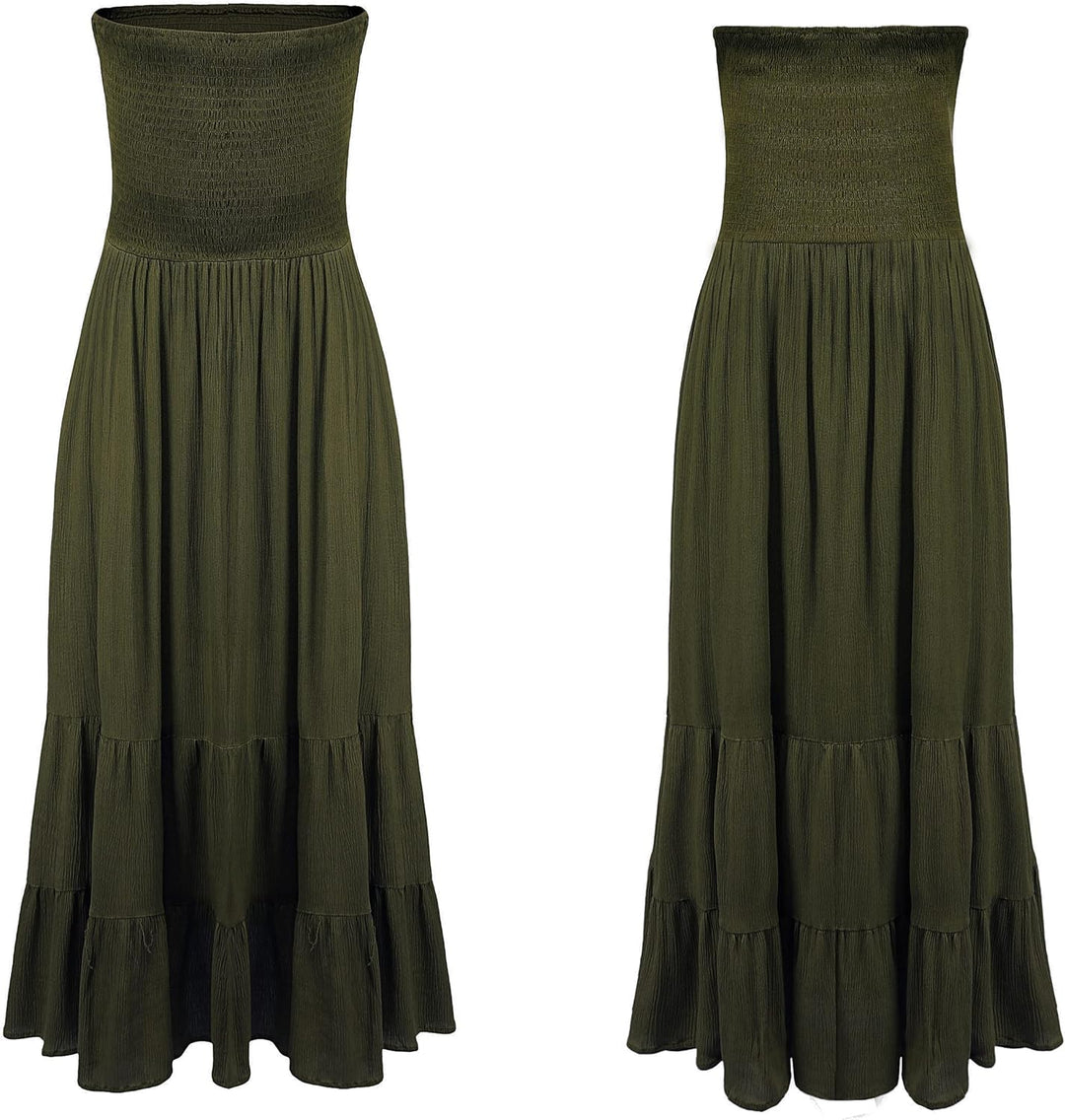 R.Vivimos Sommer Boho Trägerloses Bandeau Shirred Blumen Rüschen Tube A Linie Midikleid S Armeegrün