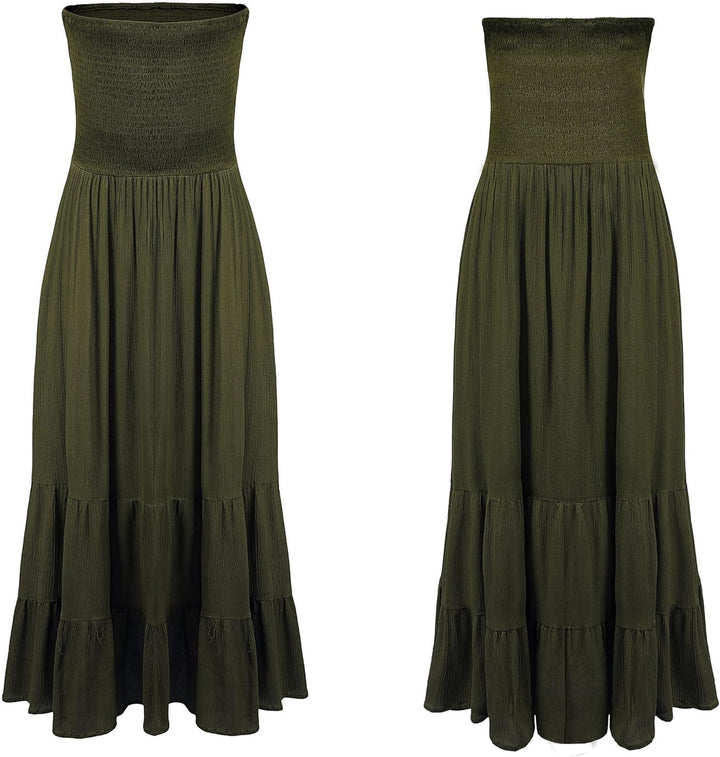 R.Vivimos Sommer Boho Trägerloses Bandeau Shirred Blumen Rüschen Tube A Linie Midikleid S Armeegrün