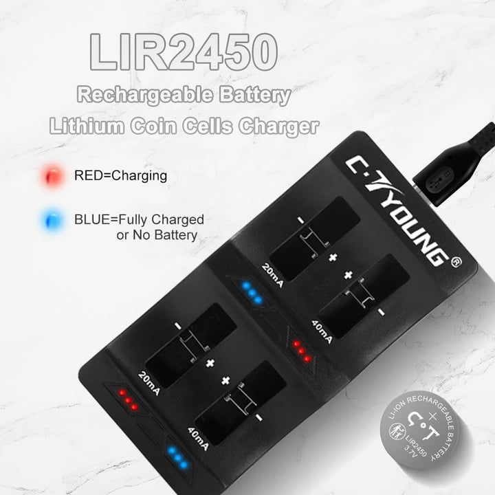 LIR2450 Lithium-Ionen-Batterien 4 Stück 3.7V wiederaufladbar mit Münzzelle-Ladegerät, das cr2450 3v