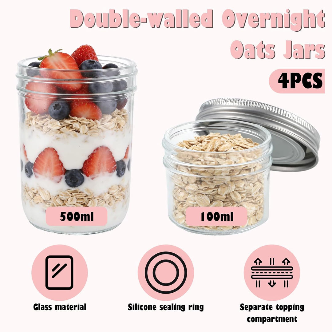 APACALI 4 Stück Müslibecher to go, 500ml+100ml Overnight Oats Gläser, Joghurtbecher to go mit Doppel