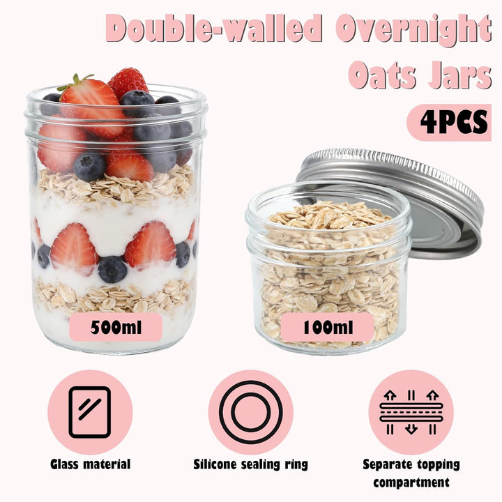 APACALI 4 Stück Müslibecher to go, 500ml+100ml Overnight Oats Gläser, Joghurtbecher to go mit Doppel