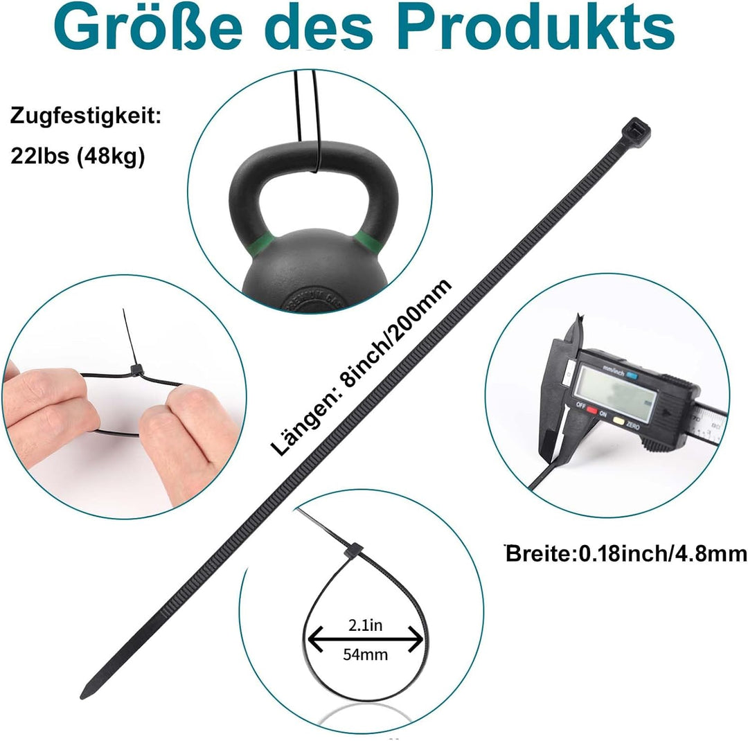 500 Stück Kabelbinder Schwarz, 200mm x 4,8mm Nylonbinder, Cable Ties Zugfestigkeit mit 22 kg, Uv Bes