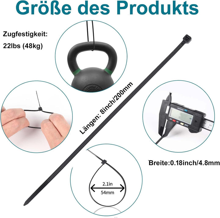 500 Stück Kabelbinder Schwarz, 200mm x 4,8mm Nylonbinder, Cable Ties Zugfestigkeit mit 22 kg, Uv Bes