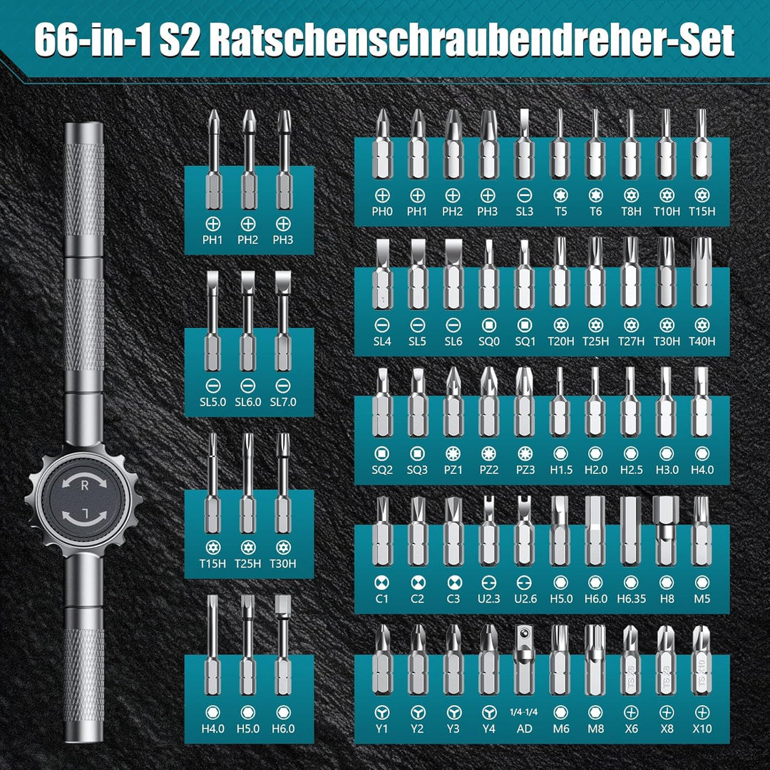 66-in-1 Ratschenschraubendreher Set, Magnetic Screwdriver Set mit 62 S2-Bits, Abnehmbarem Ratschengr