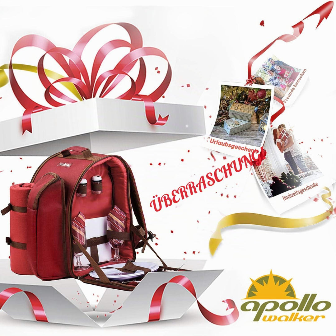 Apollowalker, roter Picknickrucksack für 2 Personen, Korb mit Kühltasche, inkl. Geschirr und, Rot