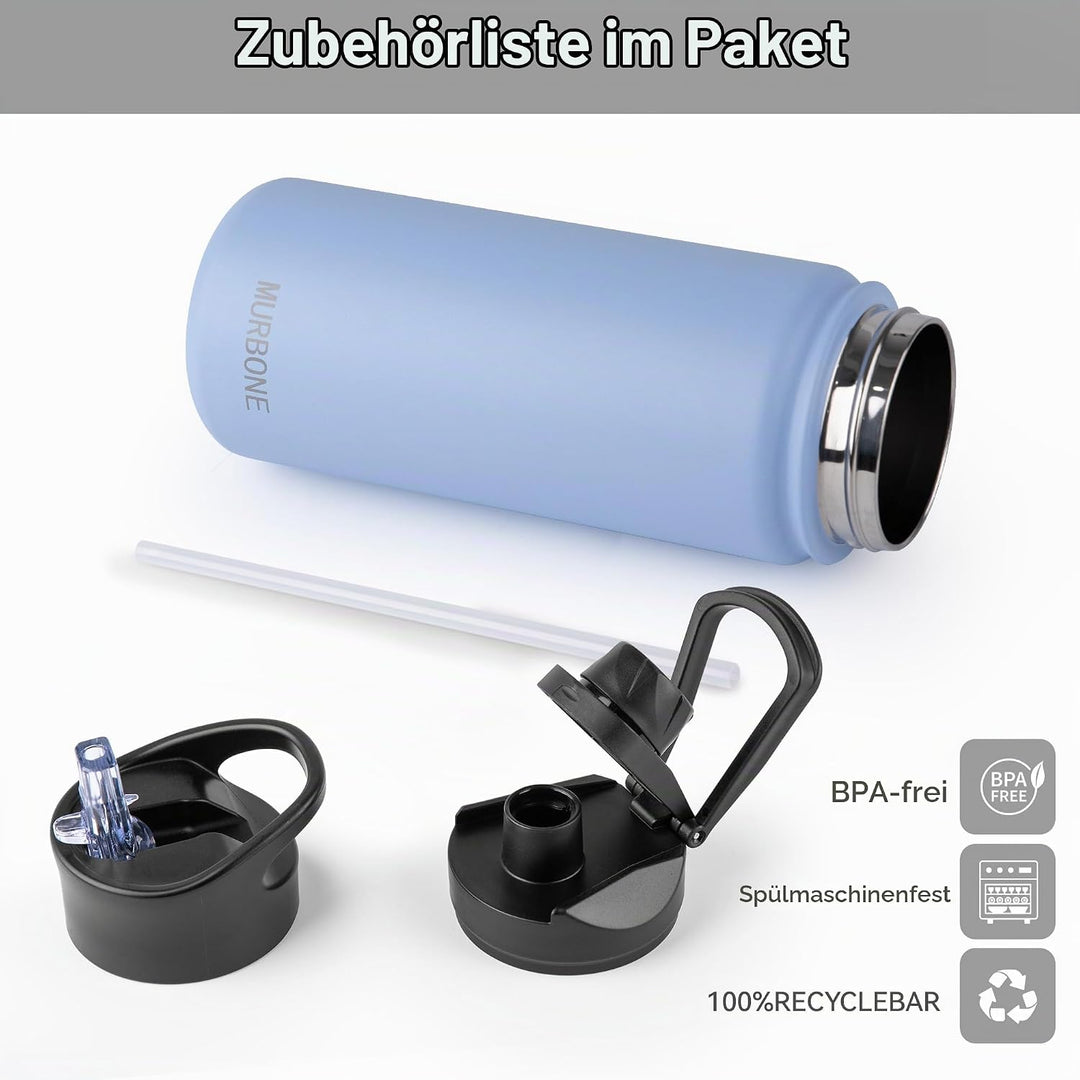 Edelstahl Trinkflasche 500ml (+2 Deckel)-mit Strohhalm,BPA frei,Thermosflasche Auslaufsicher,Kohlens