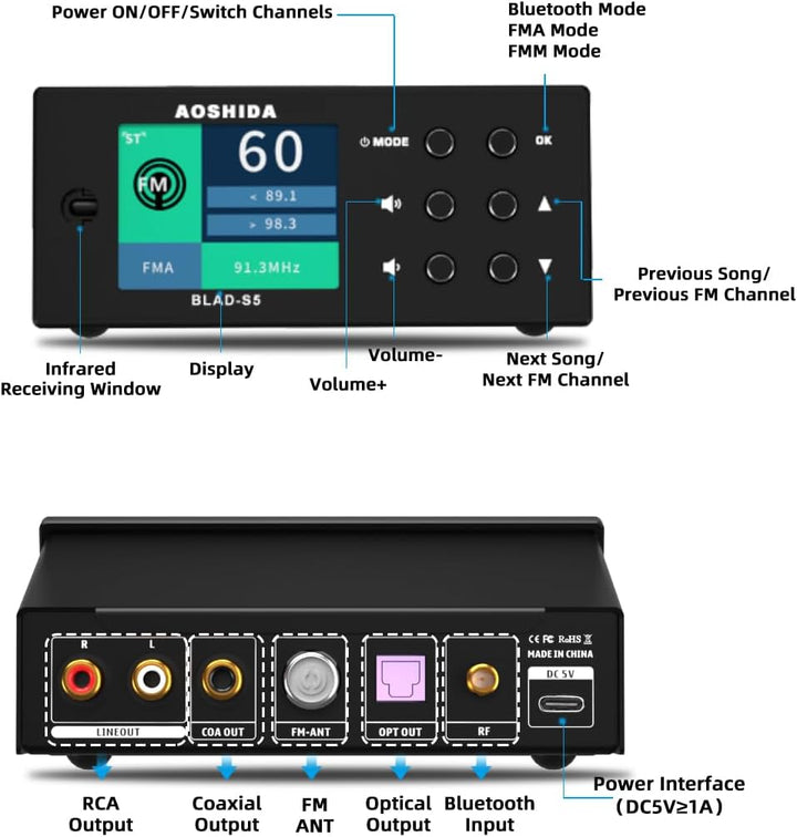 AOSHIDA BLAD-S5 FM Radio Bluetooth Empfänger, ES9038 CS8406 Wireless Audio Adapter, FM/BT to RCA/Koa