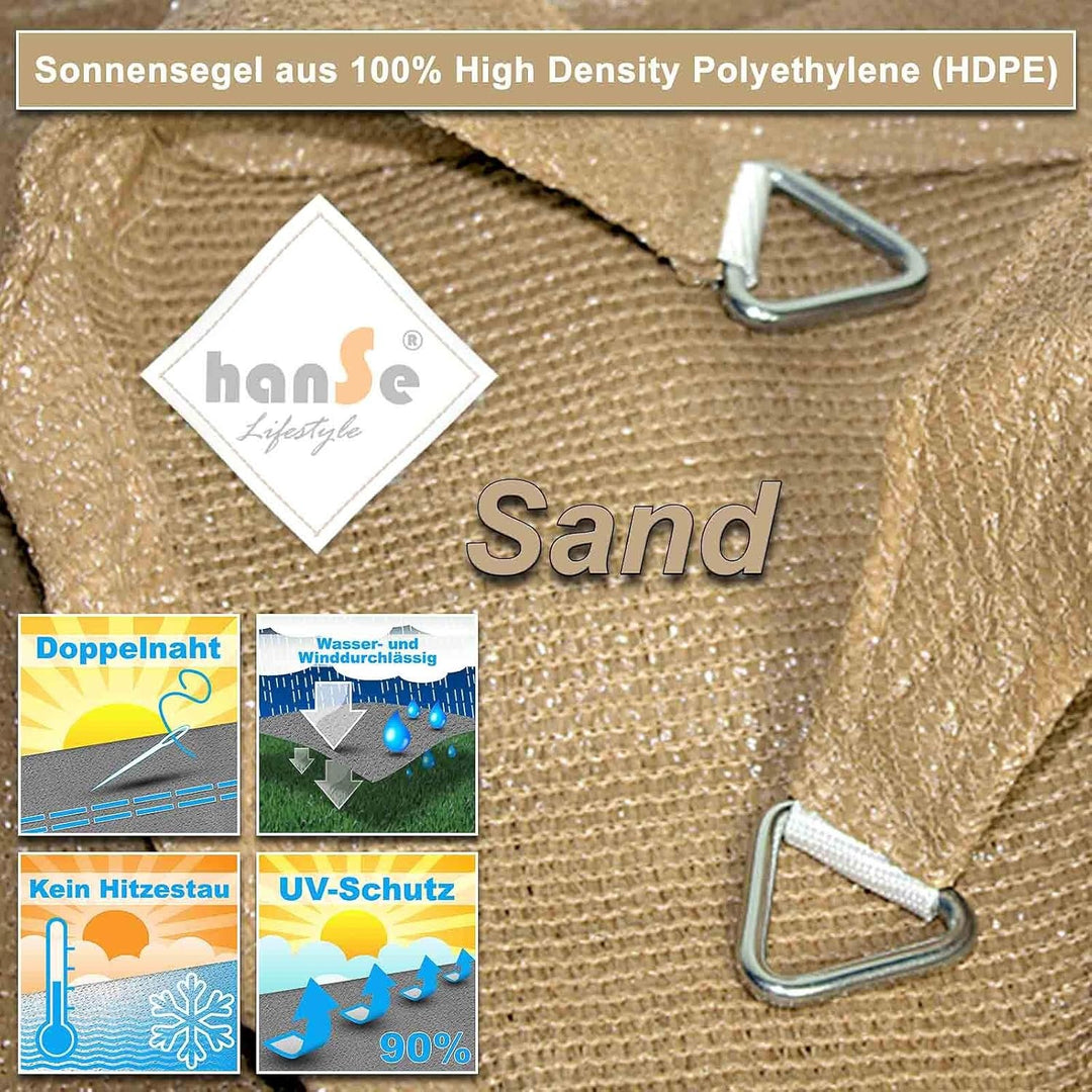 hanSe Sonnensegel quadratisch, Segeltuch Quadrat, 2x2m in Sand, aus HDPE Gewebe, wetterbeständig mit