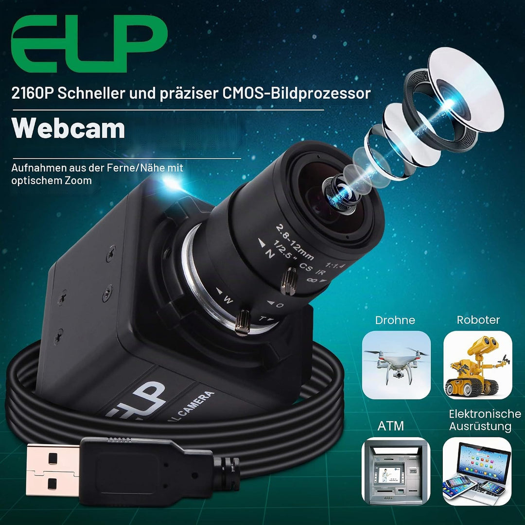 ELP 4K Optischem Zoom USB-Kamera,Ultra HD IMX317-Sensor-Webcam mit 2,8-12 mm Varifokalobjektiv,3840