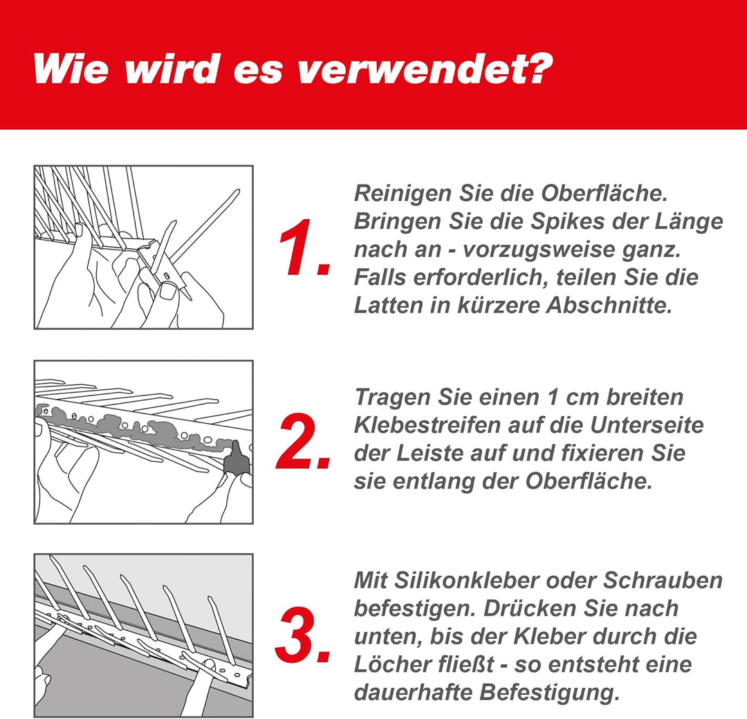 SWISSINNO Taubenabwehr-Spikes, Kunststoff, 300 cm inklusiv Silikontube, Gebrauchsfertig, Taubenabweh