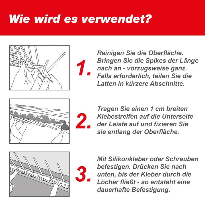 SWISSINNO Taubenabwehr-Spikes, Kunststoff, 300 cm inklusiv Silikontube, Gebrauchsfertig, Taubenabweh