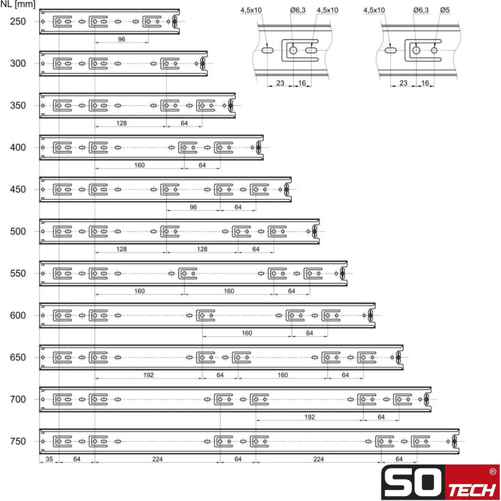 SOTECH 2 Paar (4 Stück) Vollauszüge KV1-45-H45-L600-NF 600 mm (eingeschoben) Teleskopauszug kugelgel