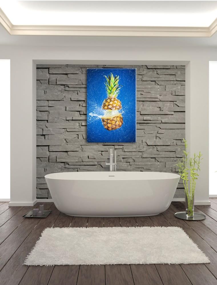 Pixxprint Ananas mit Wasser bespritzt Kunst Buntstift Effekt, Format: 100x70 auf Leinwand, 100x70