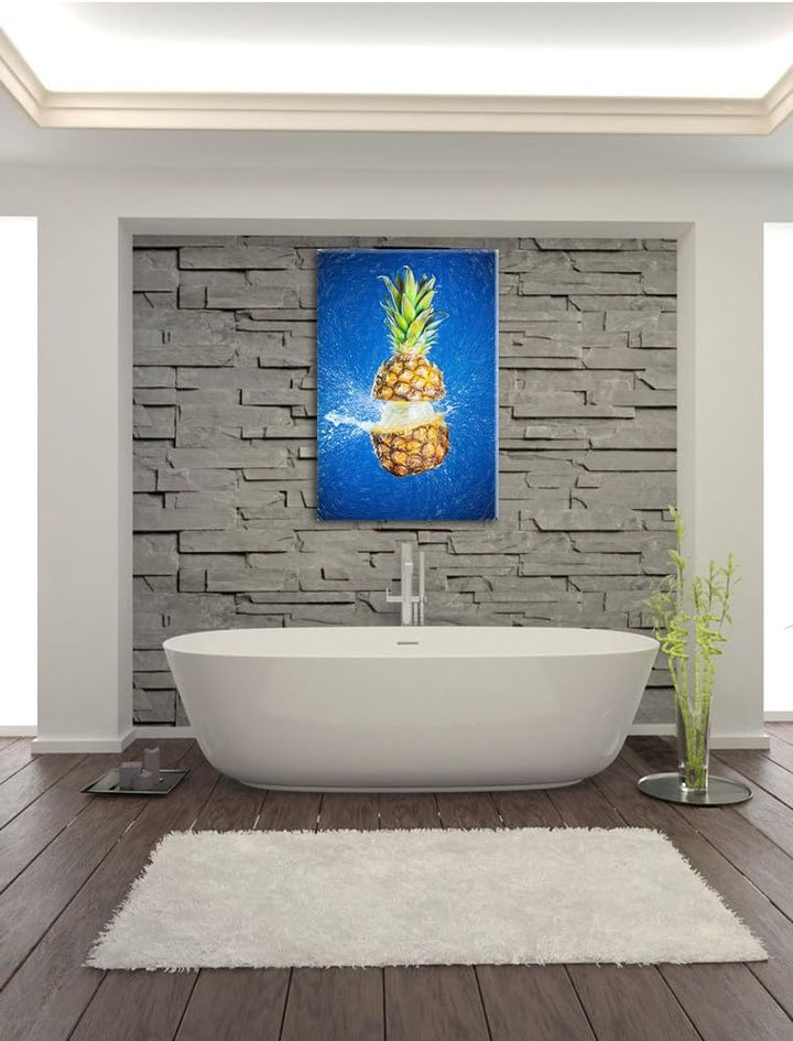 Pixxprint Ananas mit Wasser bespritzt Kunst Buntstift Effekt, Format: 100x70 auf Leinwand, 100x70