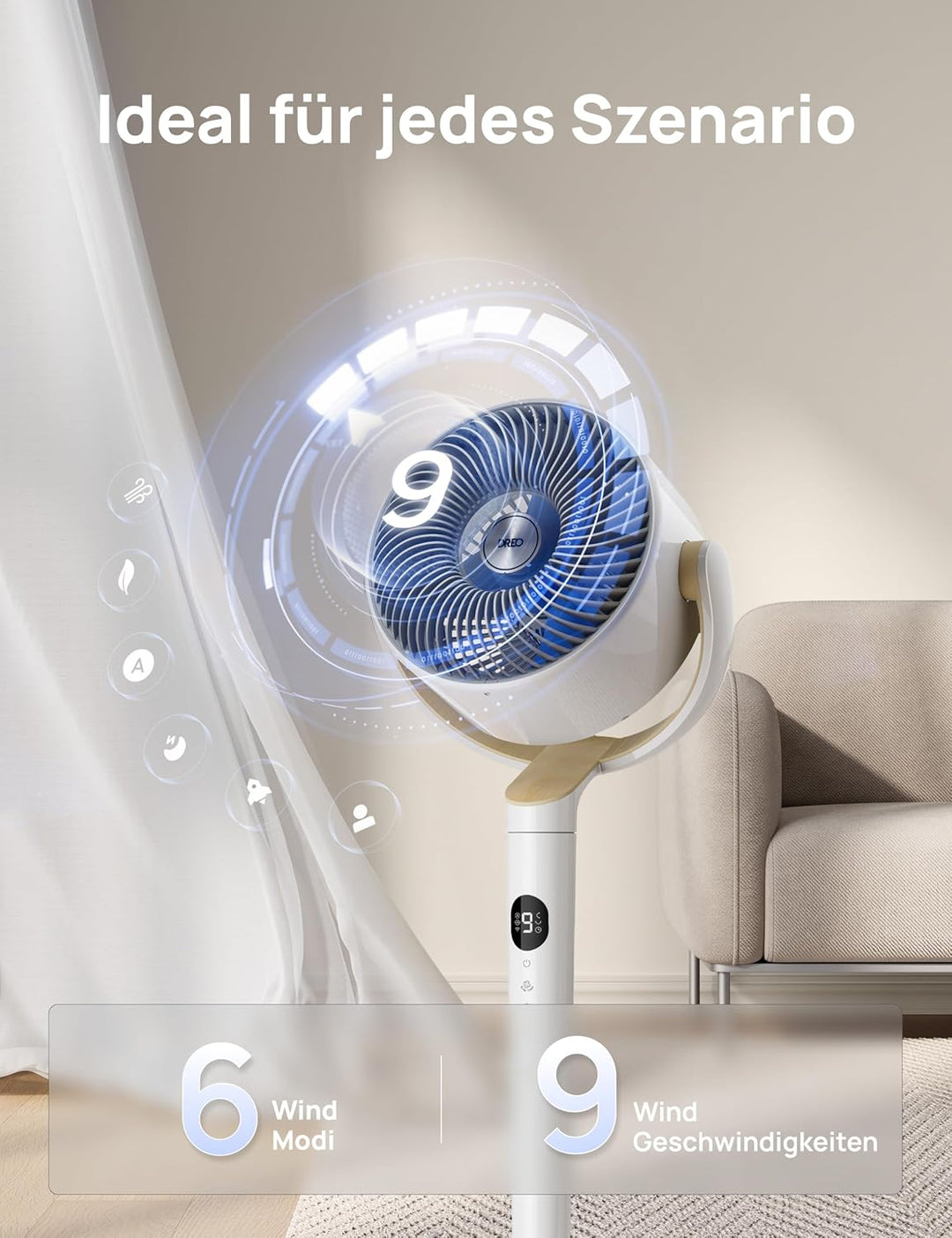 Dreo Smart Standventilator mit RGB Light, 120° +120° Oszillierender Ventilator mit Fernbedienung, 20