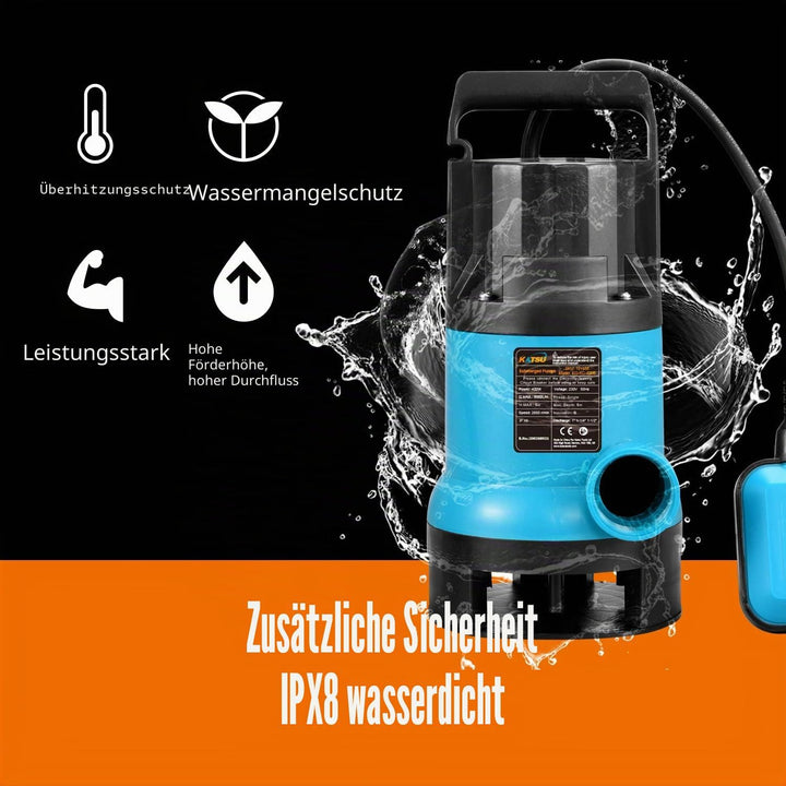 KATSU 400W Tragbare Tauchpumpe für sauberes und schmutziges Wasser 8000L/h für Gartenteich, Pools, G