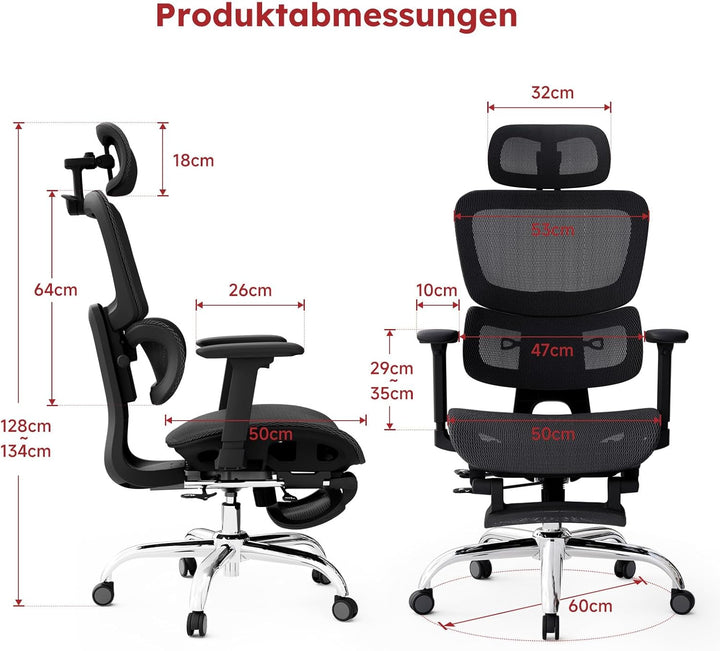 Ergonomischer Bürostuhl Voll-Mesh mit Abnehmbarem Kissen, Fussstütze, Höhenverstellbarem Rückenlehne