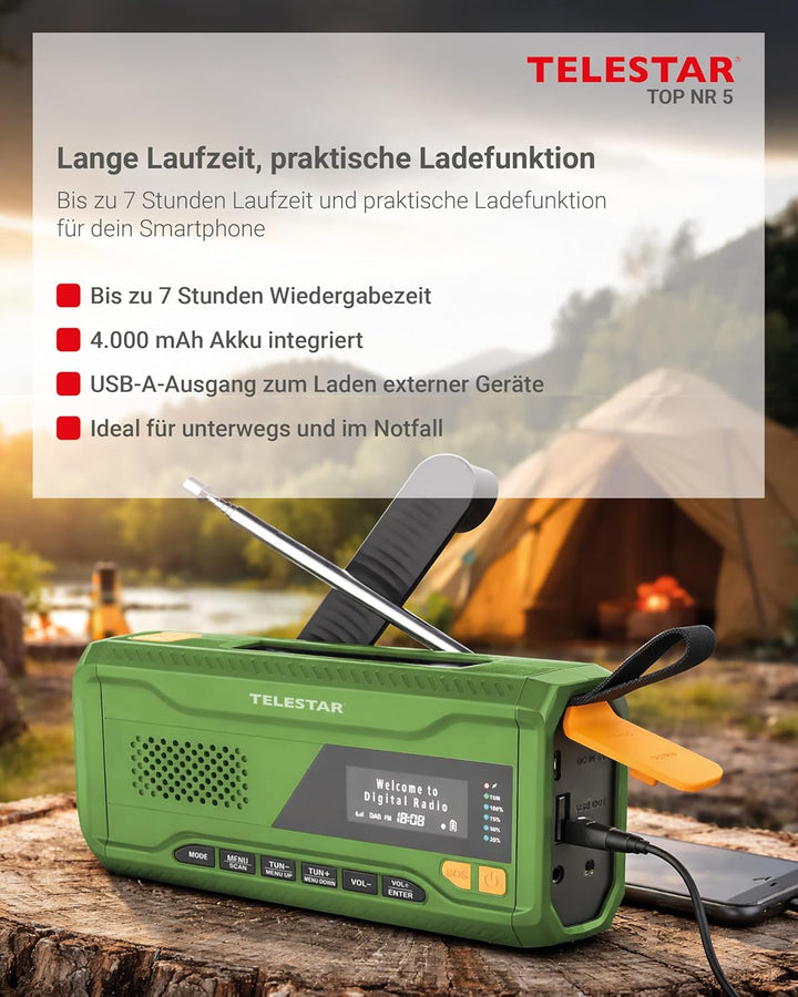 TELESTAR TOP NR 5 – Notfallradio (Kompaktes Kurbelradio, 4.000 mAh Akku, Solarpanel, Powerbankfunkti