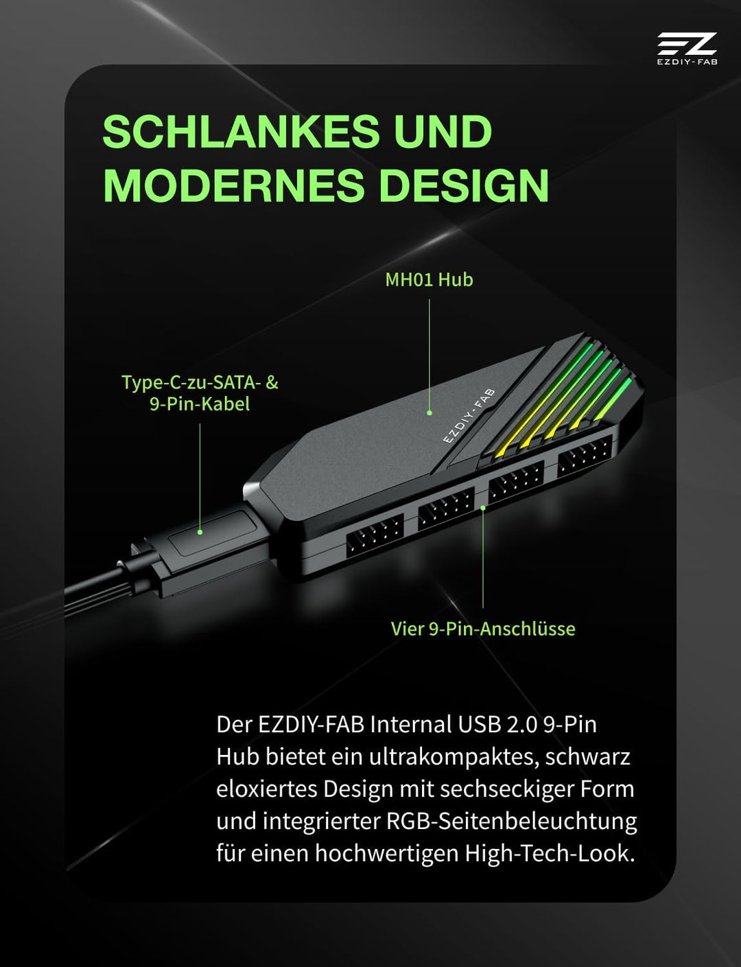 EZDIY-FAB MH01 Interner USB 2.0 9-Pin Hub,4-Port USB-Header-Erweiterung,SATA-Stromversorgung, Integr
