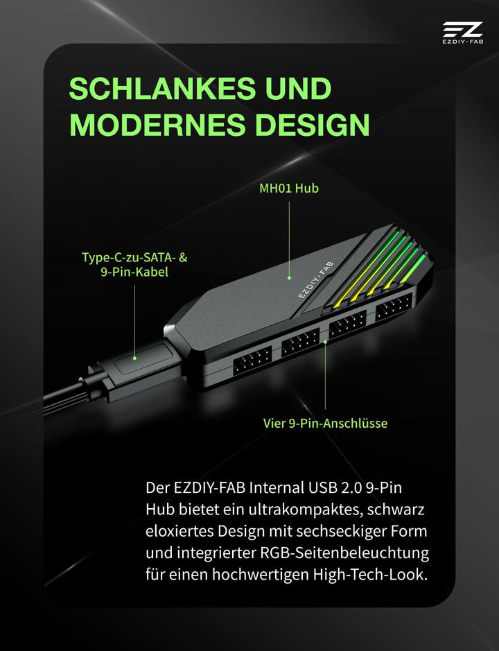 EZDIY-FAB MH01 Interner USB 2.0 9-Pin Hub,4-Port USB-Header-Erweiterung,SATA-Stromversorgung, Integr