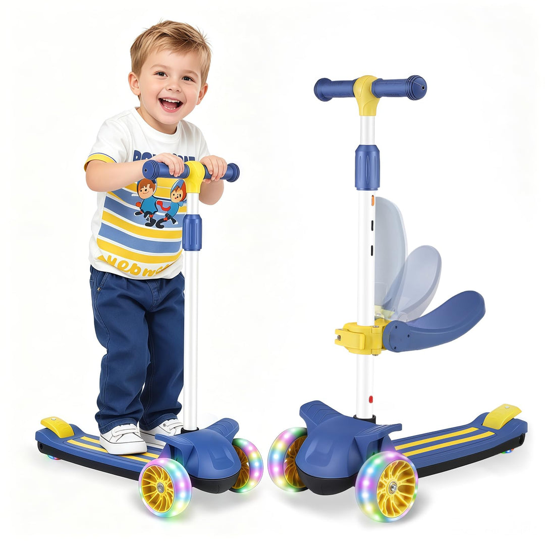 Wheelive 2-in-1 Kinder Roller mit Abnehmbarer Sitz, Kinder Scooter mit Blinkenden LED Räder, 4 Höhen