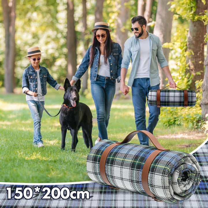 TRIXES XL-Tartan-Picknickdecke – mit hellbraunem Tragegriff – wasserdichte Rückseite – 150 cm x 200