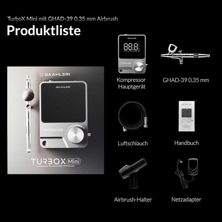 Gaahleri Turbox mini Airbrush-Kit mit GHAD-39, Dual-Action, 18 Luftstufen, extrem leise, zweistufig,