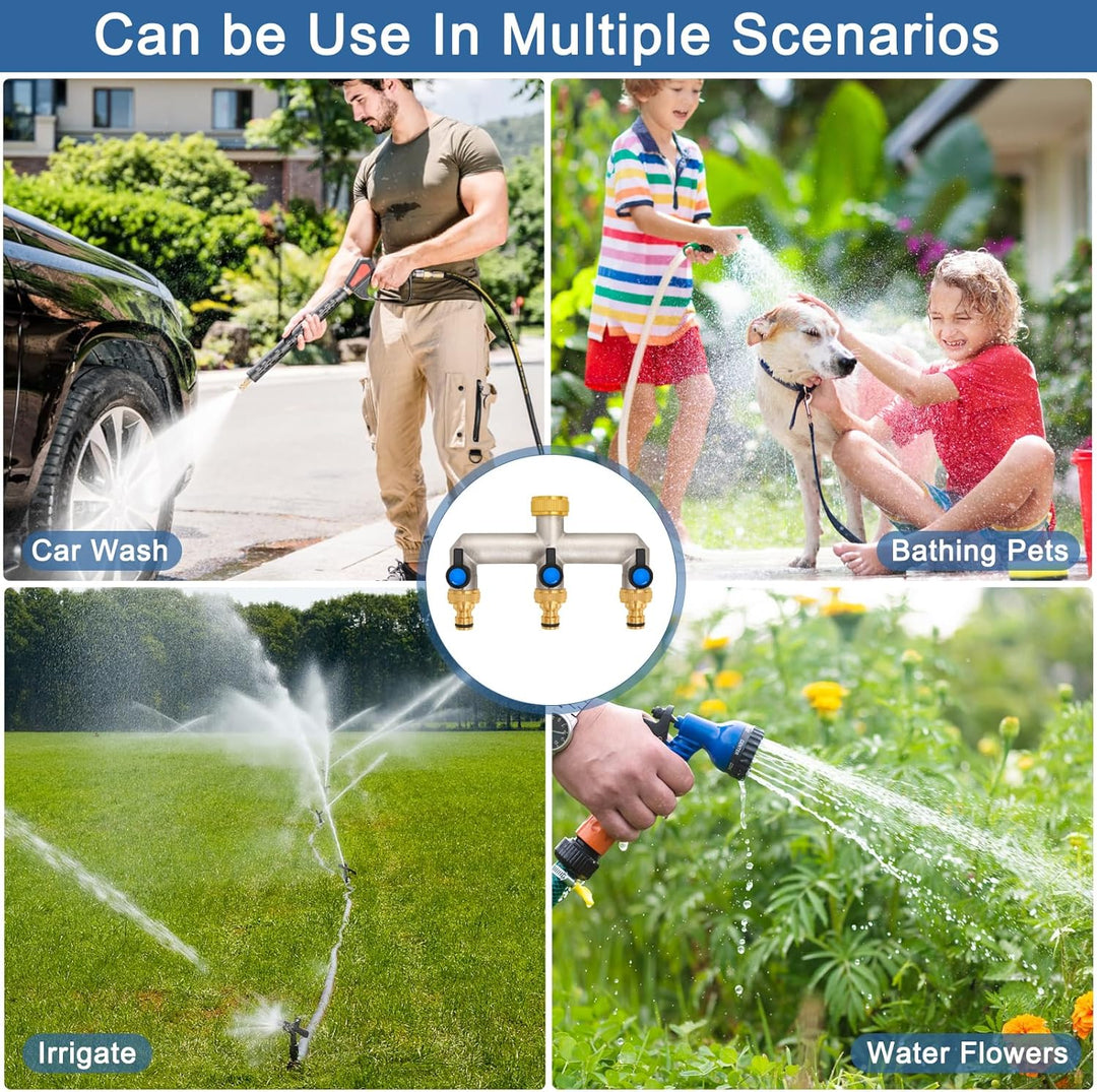 3-Wege Wasserhahn Wasserverteiler aus Messing für 3 Geräte/Gartenschläuche, 3er Verteiler 3/4" Adapt