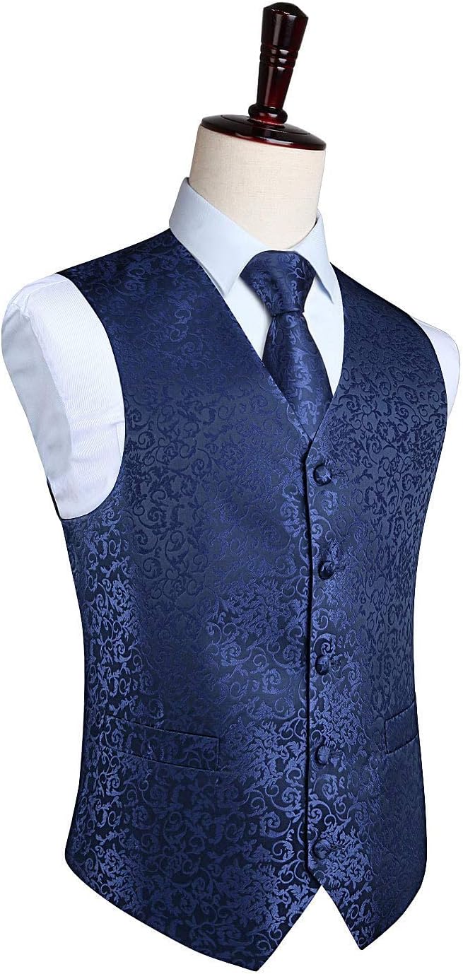 HISDERN Herren FLoral Hochzeit Weste Krawatte Einstecktuch Taschentuch Jacquard Weste Anzug Set XS M