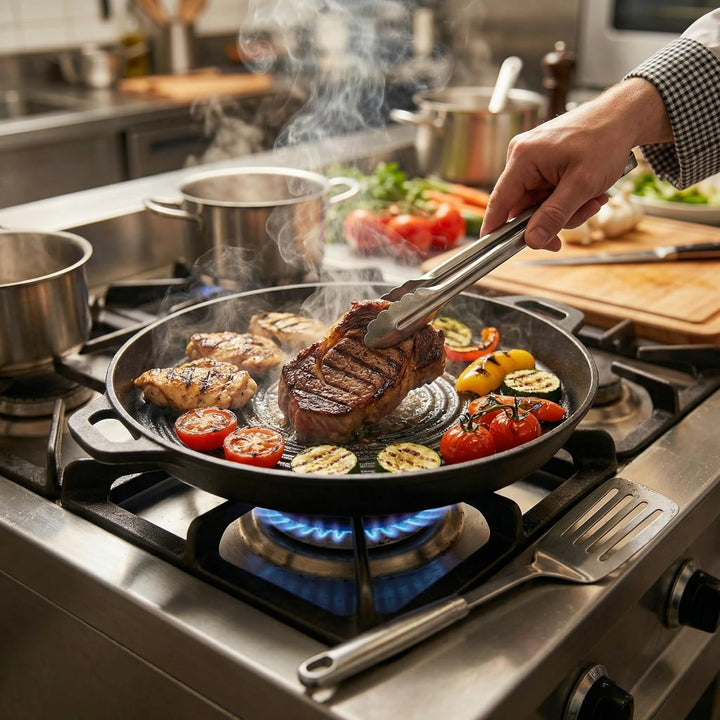 MIJOMA Grillpfanne 40,5 cm – für Fleisch Gemüse und Grillgerichte – Gusseisen mit Rillenstruktur – r