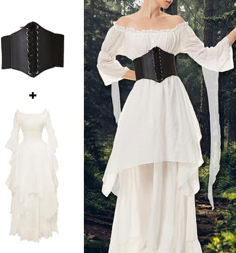Halloween Kostüm Damen Mittelalter Renaissance Kleidung mit Korsett Gürtel Retro Maxikleid Viktorian