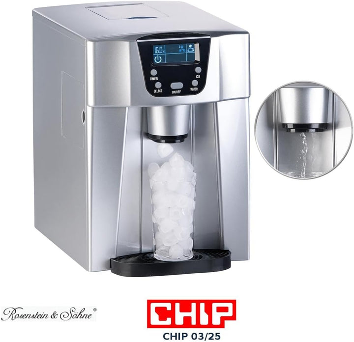 Rosenstein & Söhne Eismaschine: Premium-Eiswürfelmaschine mit Eiswürfel- & Kaltwasserspender, 2 Lite