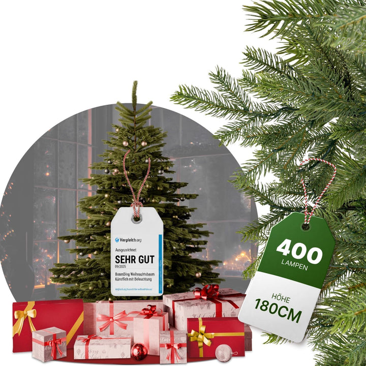 BoomDing Künstlicher Weihnachtsbaum mit Beleuchtung - extra naturgetreuer Tannenbaum (180 cm) inkl.