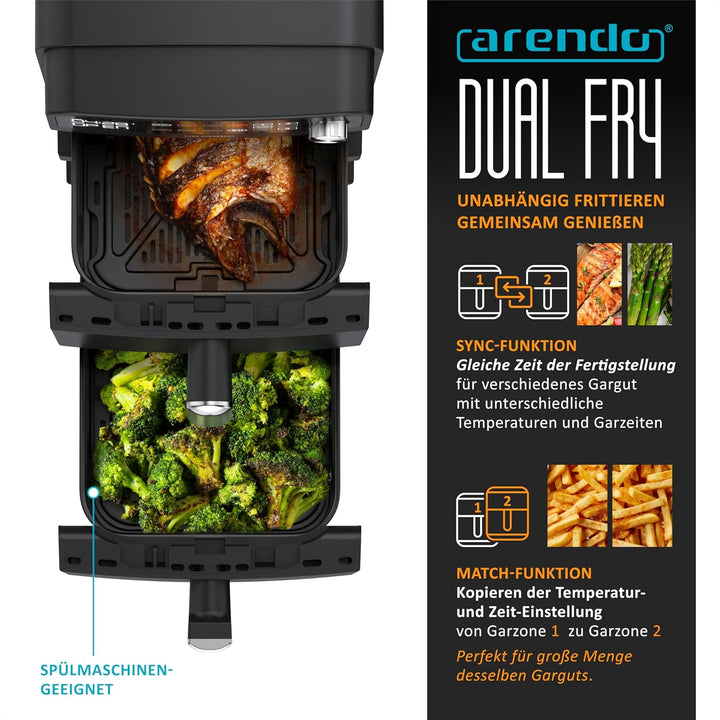 Arendo - Heissluftfritteuse XXL Dual Zone 2 Kammern – 11 Liter – 2400 W – 2 Zonen – 3in1 Airfryer Do