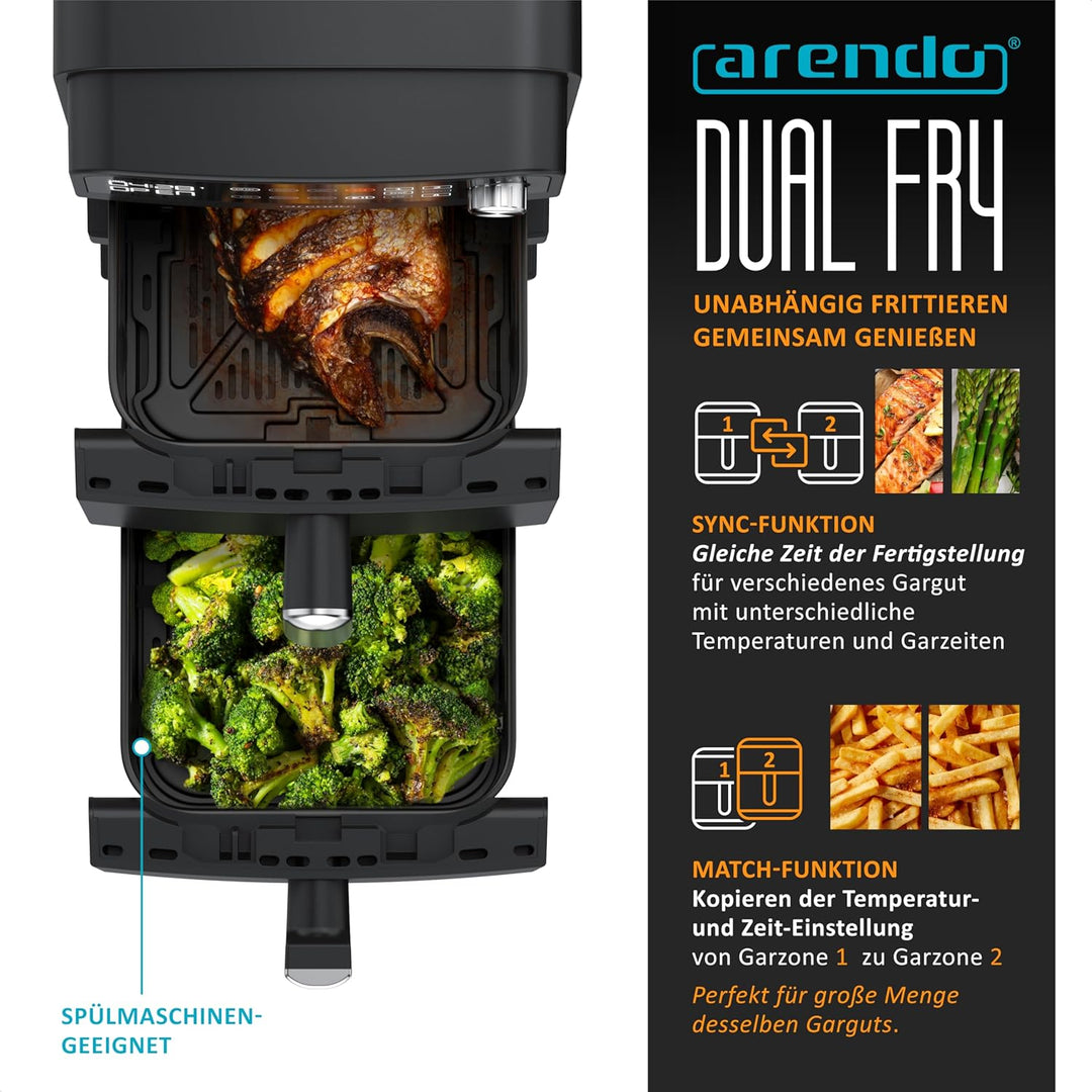 Arendo - Heissluftfritteuse XXL Dual Zone 2 Kammern – 11 Liter – 2400 W – 2 Zonen – 3in1 Airfryer Do