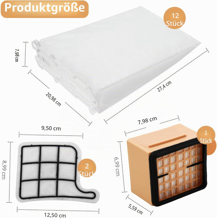 12 Staubsaugerbeutel für Vorwerk Kobold VK135 VK136,Mit 2 Motorschutzfilter +1 Hygienefilter, Staubs